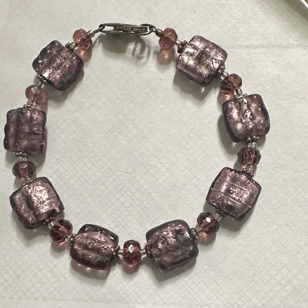 Lavender fused glass Square hand Beaded Bracelet